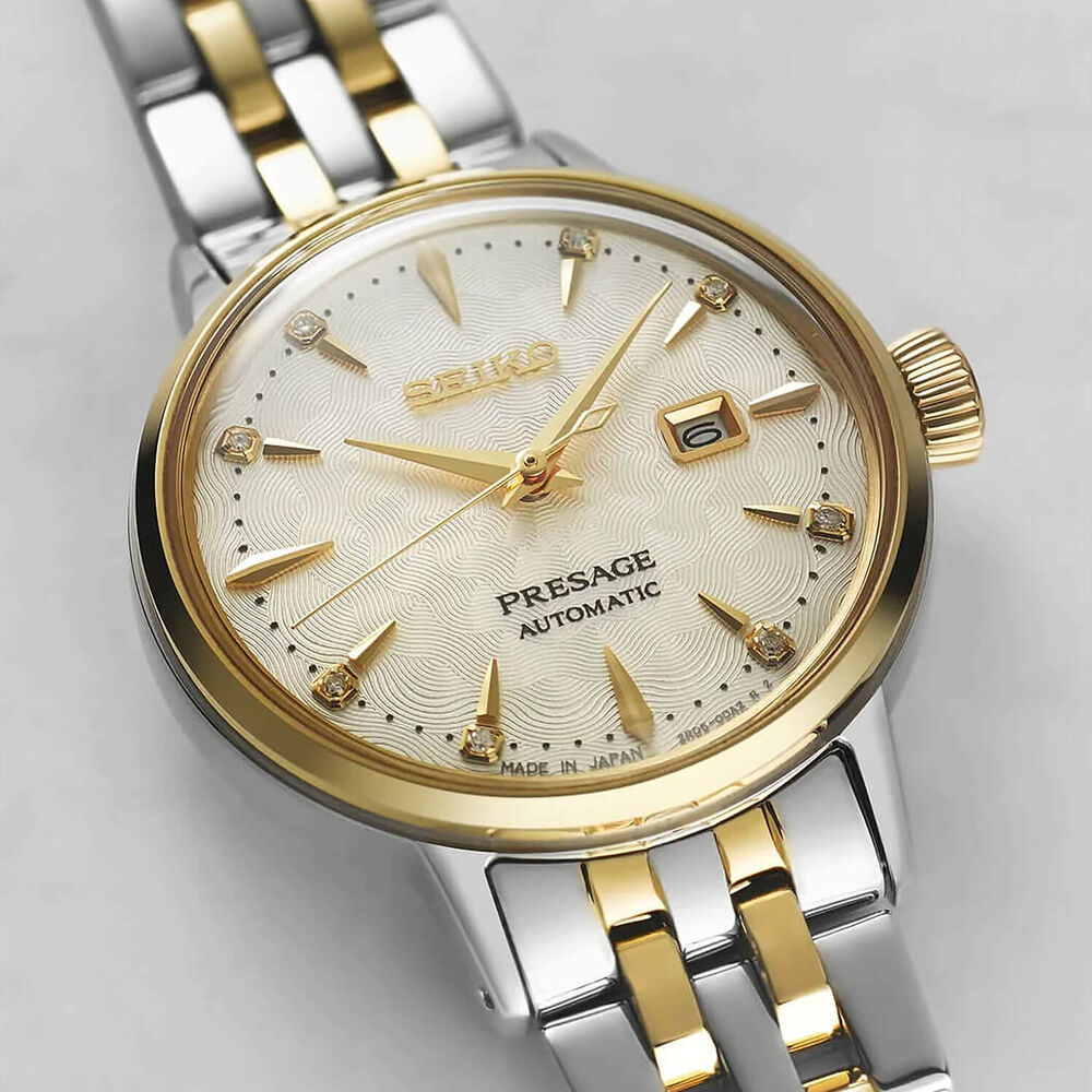 Seiko Presage 30mm Cocktail Time 'White Lady' Diamond Twist Yellow Gold Case Watch