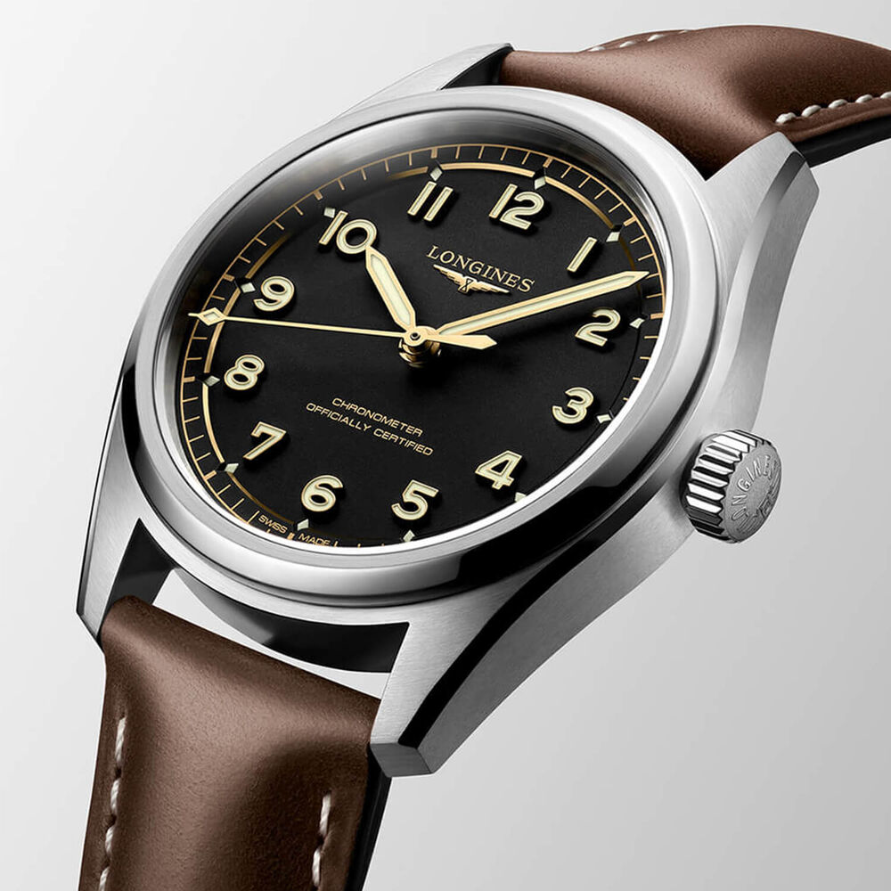 Longines Spirit Pilot 39mm Black Dial Brown Leather Strap Watch image number 3