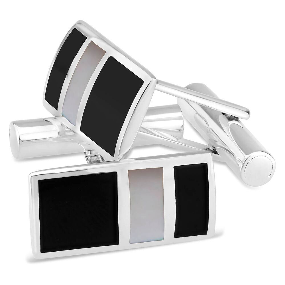 Gents Sterling Silver Onyx & Mother of Pearl Cufflinks image number 3