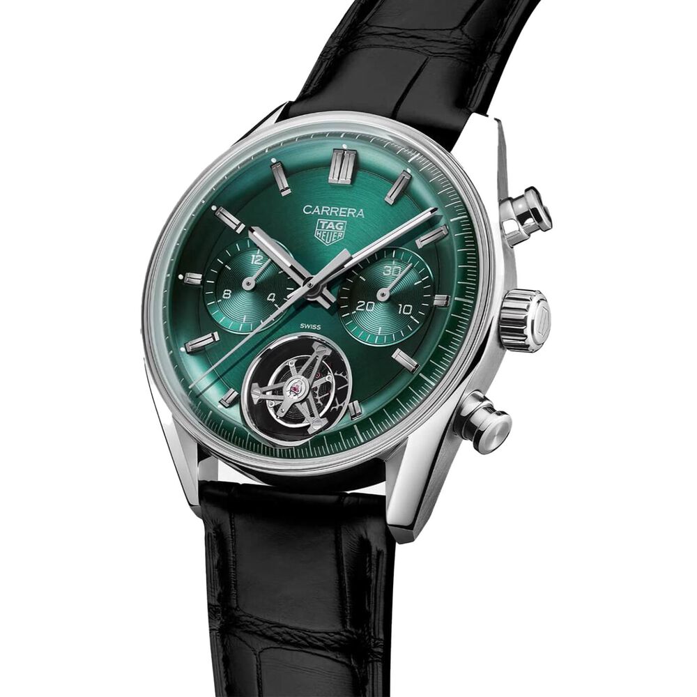 TAG Heuer Carrera Chronograph Tourbillon 42mm Green Dial Black Leather Strap Watch image number 1