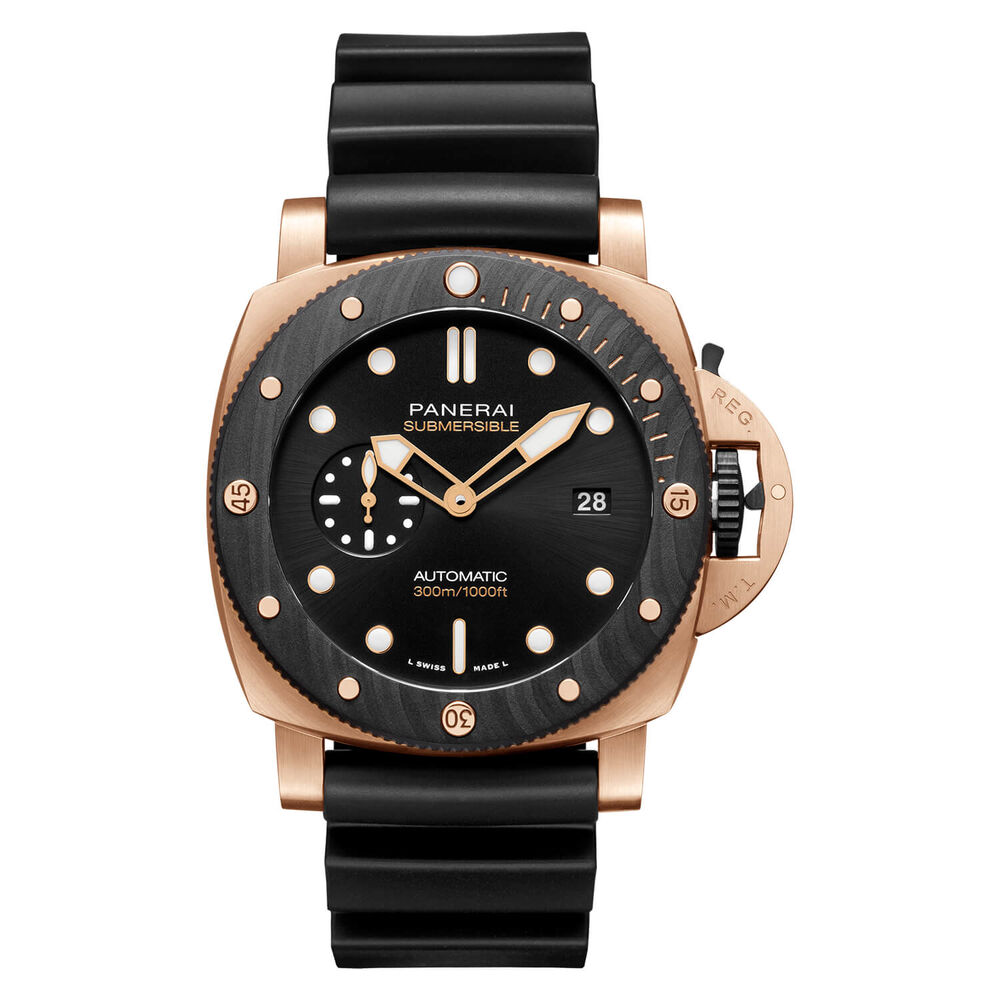Panerai Submersible QuarantaQuattro Goldtech™ OroCarbo 44mm Black Dial Rubber Strap Watch