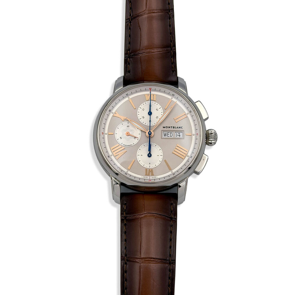 Pre-Owned Montblanc Star Legacy 43mm Beige Dial Rose Gold Index Brown Leather Strap Watch image number 0