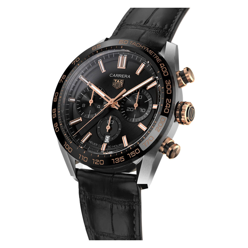 TAG Heuer Carrera 44mm Black Chrono Yellow Gold Detal Steel Case Watch image number 2
