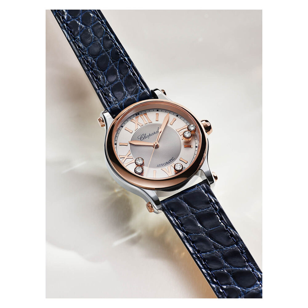 Chopard Happy Sport 33mm Five Floating Diamonds Silver Dial Blue Strap Watch image number 4