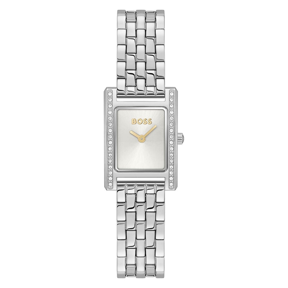 BOSS Lucy Precious 18x28mm Rectangular Silver Dial Crystal Bezel Steel Bracelet Watch image number 0