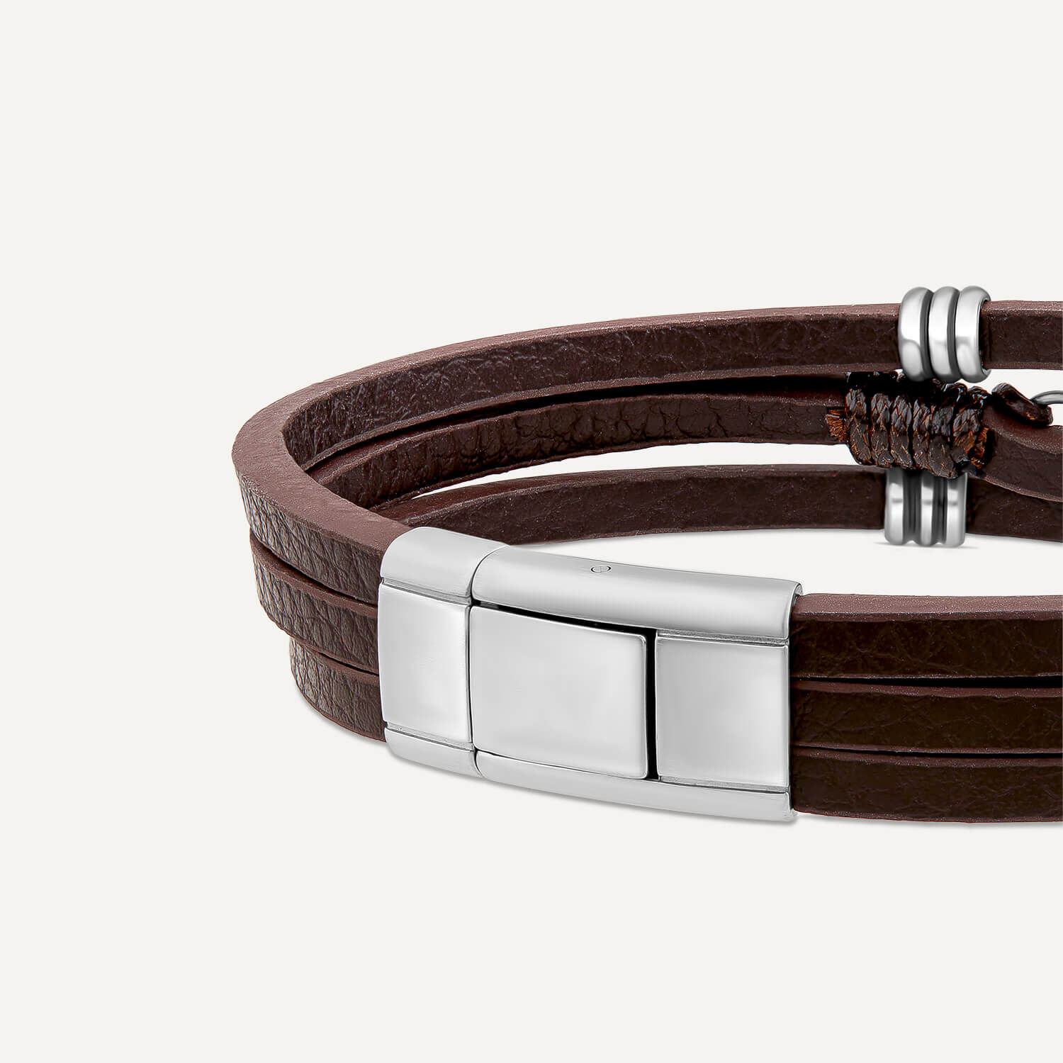 Men s Steel Brown Leather Triple Wrap Anchor Bracelet