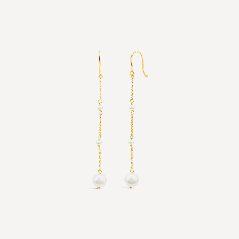 9ct Yellow Gold Pearl Station Chain Drop Earrings image number 1