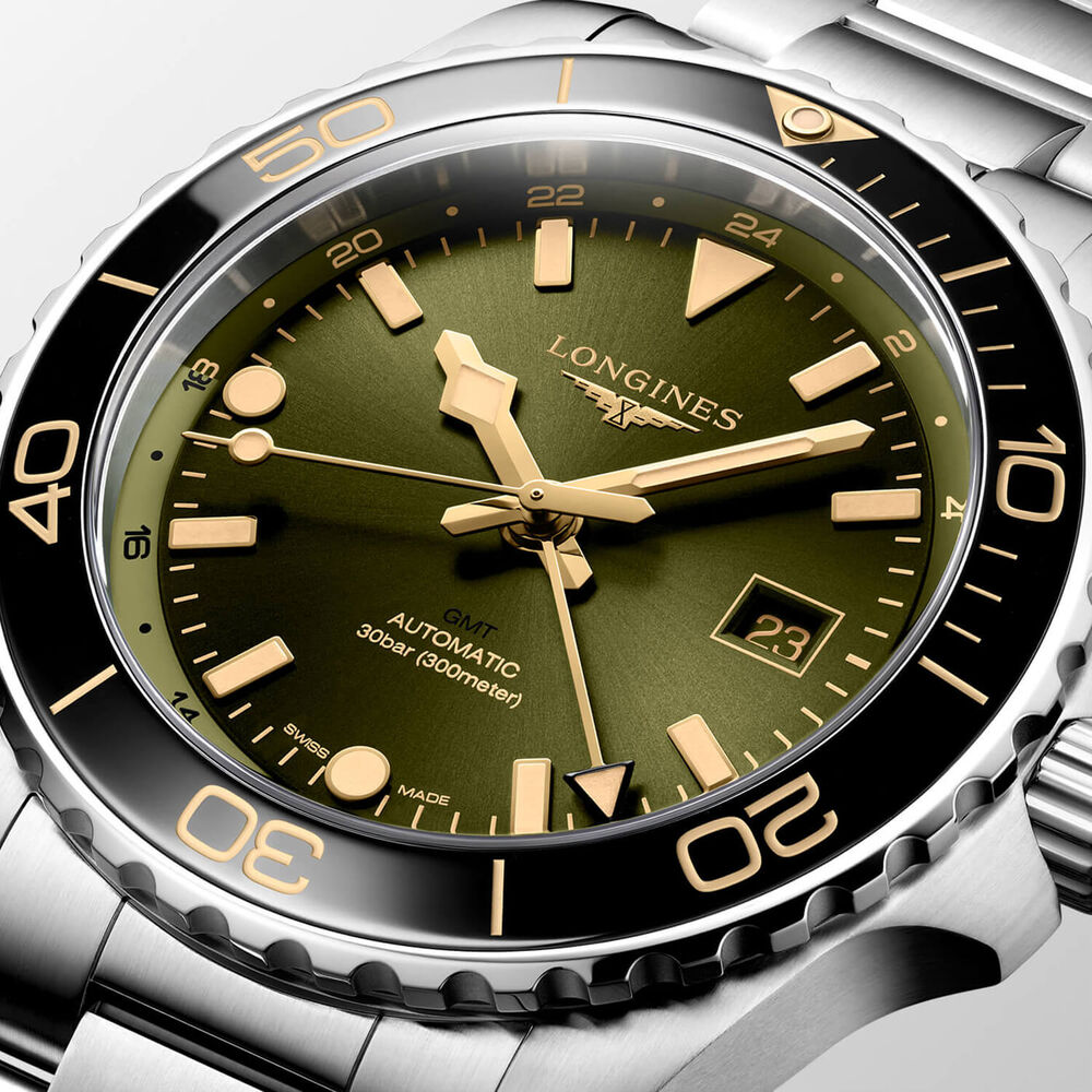 Longines Hydroconquest GMT 43mm Green Dial Steel Bracelet Watch image number 1