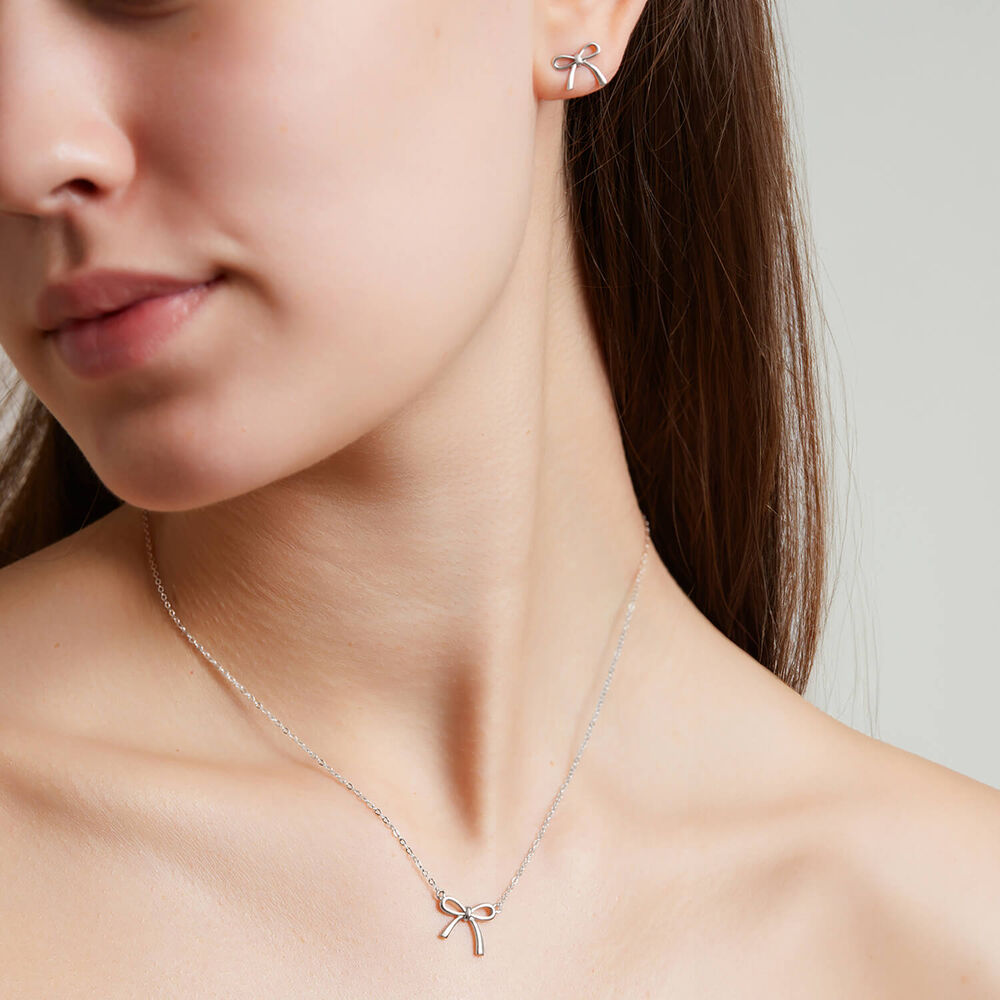 Sterling Silver Diamond Bow Necklet & Stud Earring Set