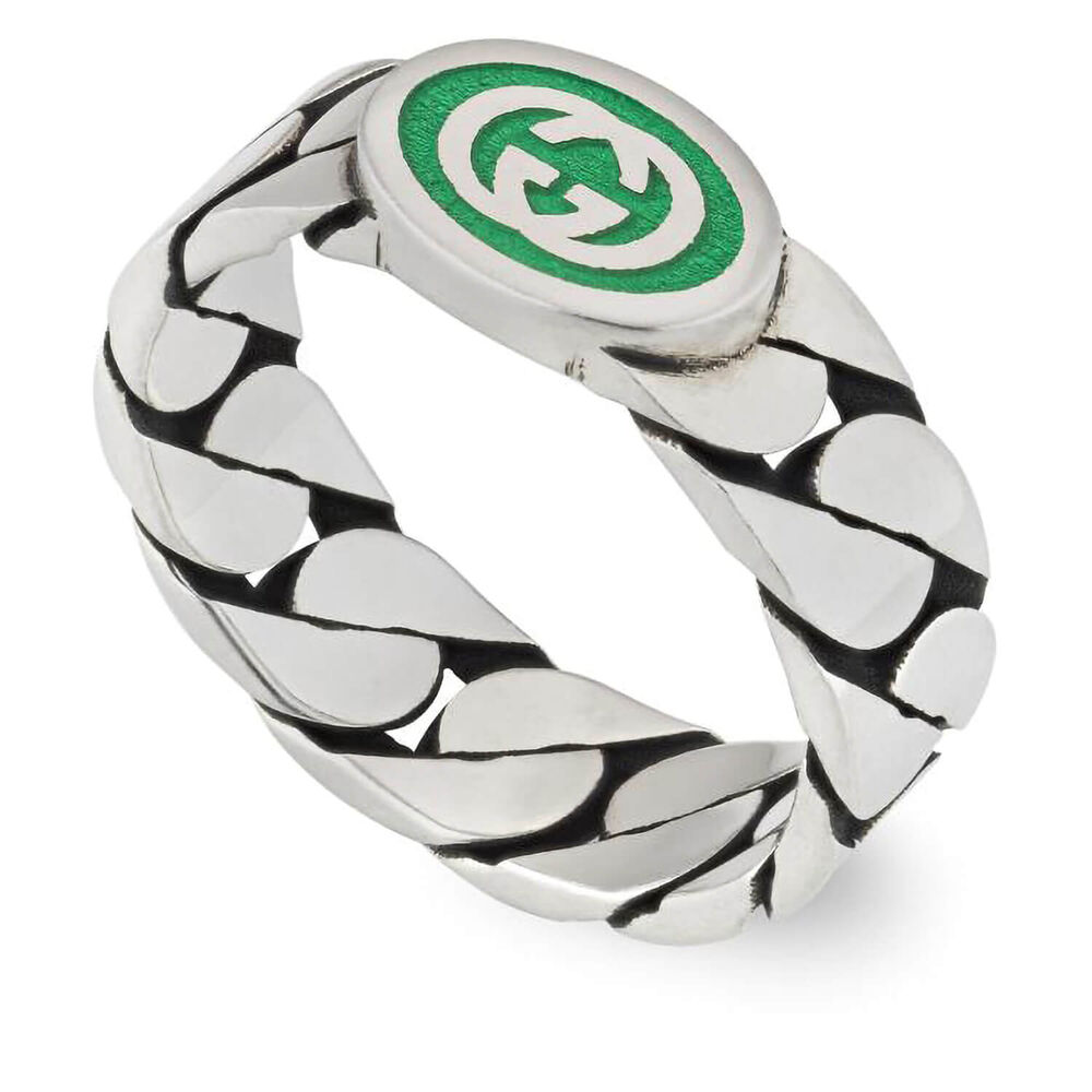 Gucci Interlocking G Sterling Silver Green Enamel Ring (UK Size Q-R)
