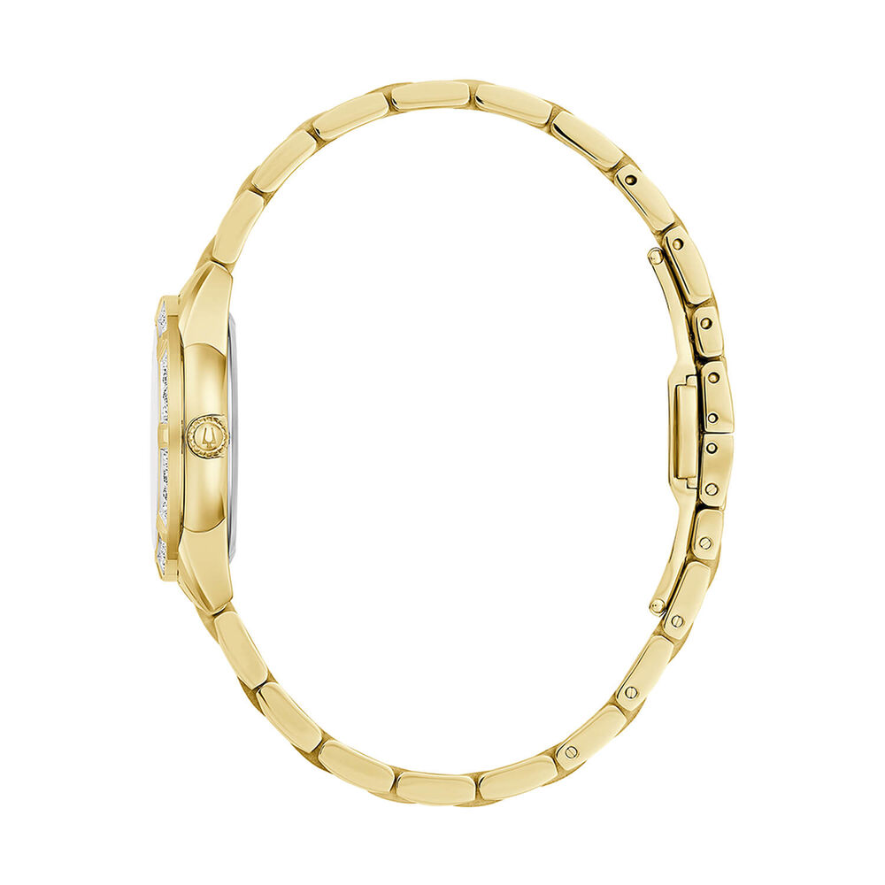 Bulova Sutton 28mm Mother of Pearl Dial Diamond Dots Gold Tone Steel Bracelet Watch image number 2