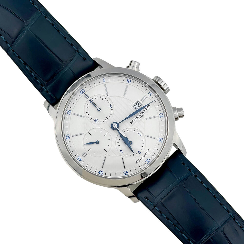 Pre-Owned Baume & Mercier Classima Chronograph 42mm White Dial Blue Leather Strap Watch image number 1