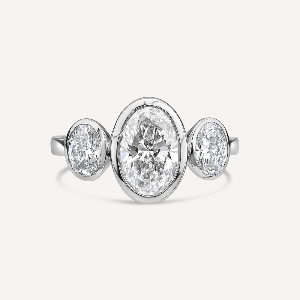 Born Platinum Lab Grown 2.80ct Oval Diamond Three Stone Bezel Set Ring image number 1
