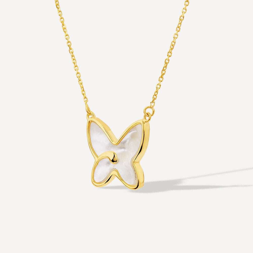 9ct Yellow Gold Mother of Pearl Butterfly Necklet image number 1