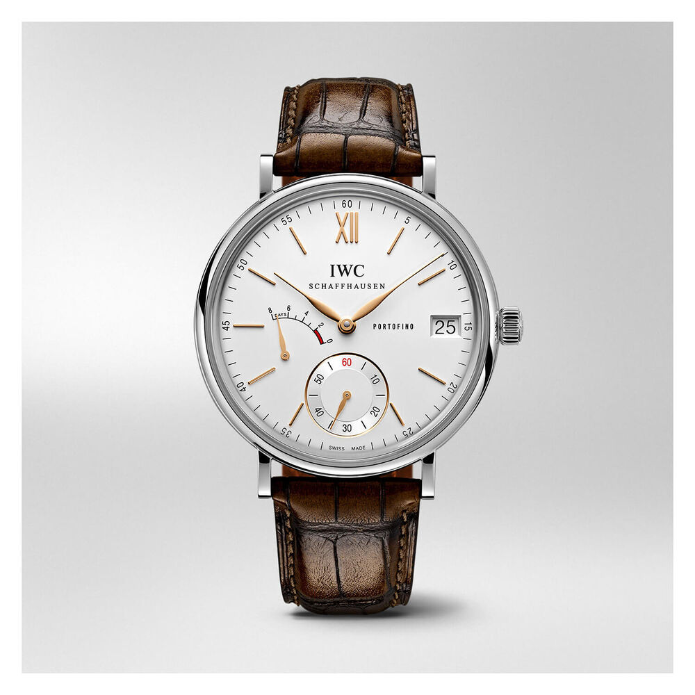 IWC Portofino Hand-Wound Eight Days silver brown leather strap watch image number 0