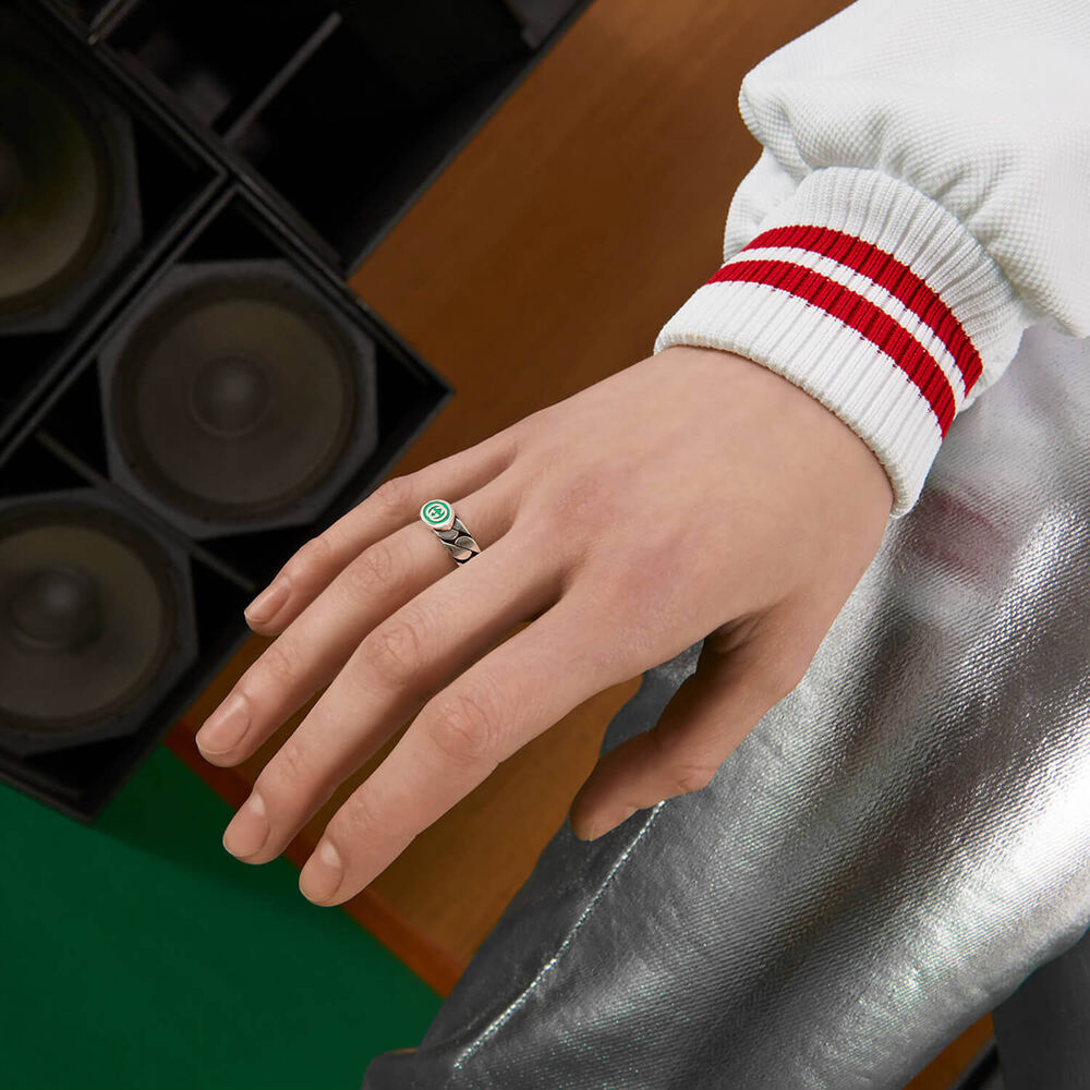 Gucci Interlocking G Sterling Silver Green Enamel Ring (UK Size: M-N) image number 4