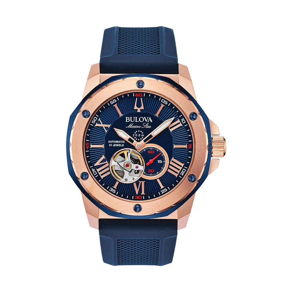 Bulova Marine Star Series A Automatic 45mm Blue Dial Rose Gold Tone Case Silicone Strap Watch image number 0