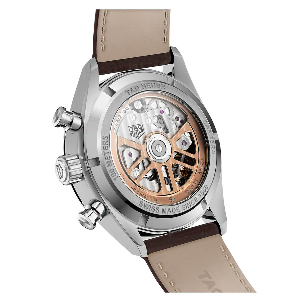 TAG Heuer Carrera 42mm Silver Rose Gold Steel Case Brown Strap Watch