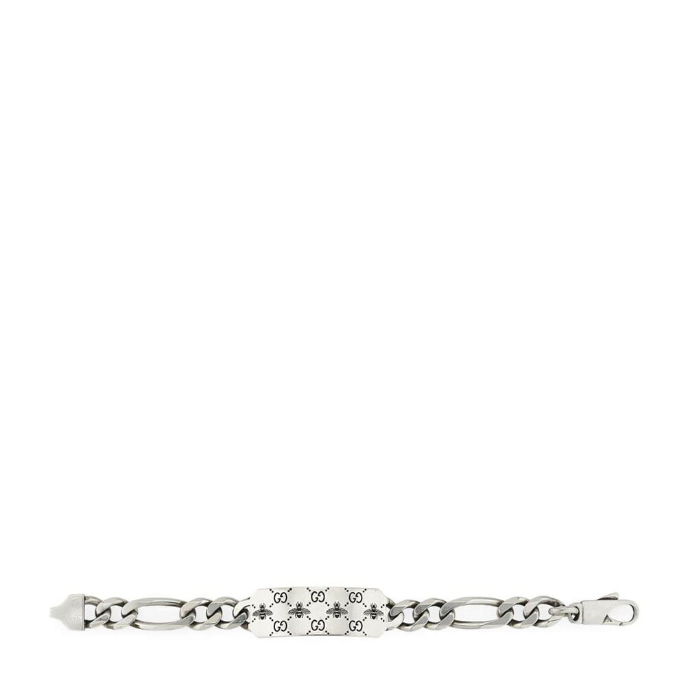 Gucci Signature Silver Interlocking Bee-Motif Tag Bracelet  (Size XL, 7.5")