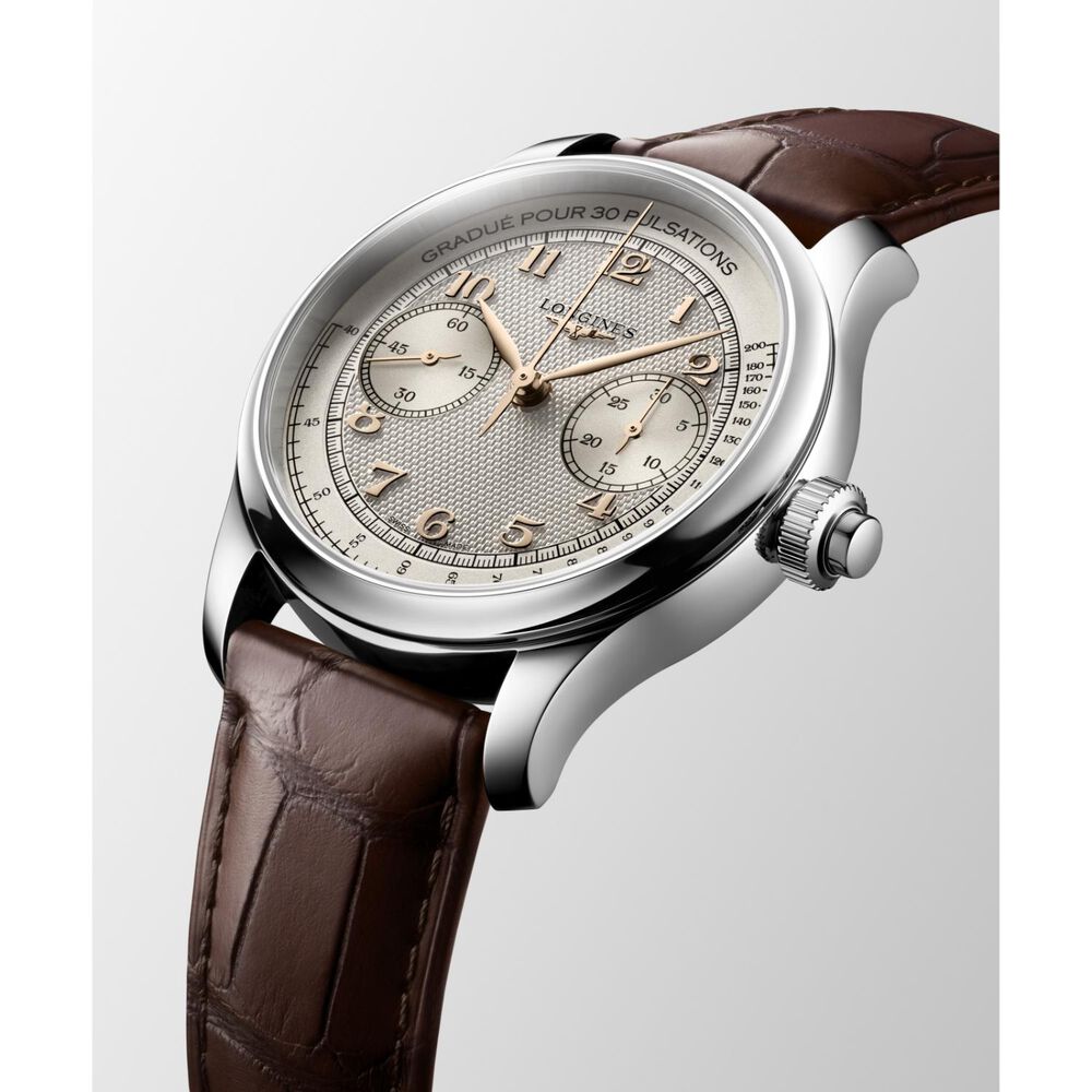 Longines Master Collection Chrono Moonphase 41mm Silver Barleycorn Dial Leather Strap Watch