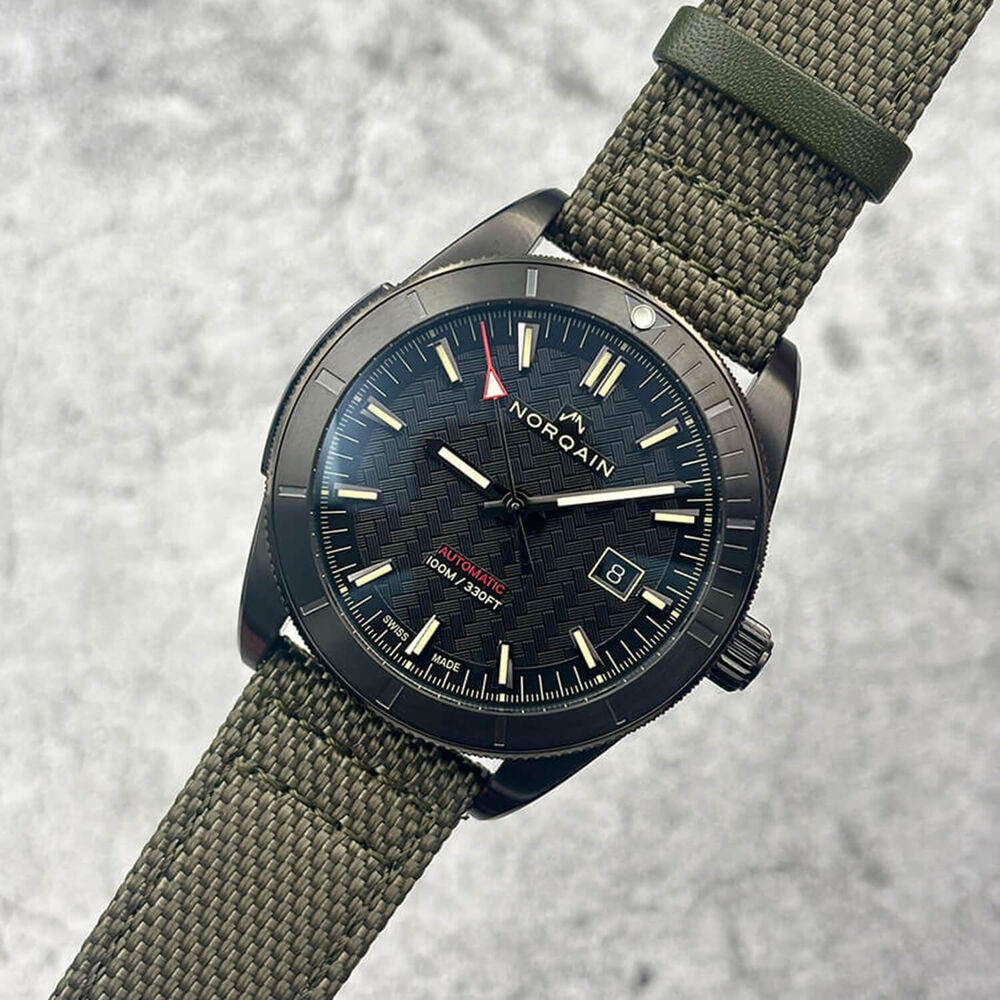 NORQAIN Adventure Sport Automatic 42mm Black Pattern Dial Khaki Fabric Strap Watch image number 2