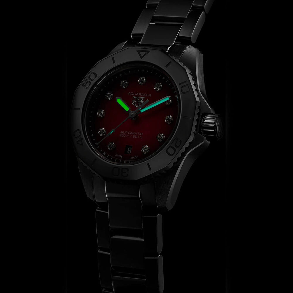 TAG Heuer Aquaracer Professional 200 Date 30mm Red MOP Dial Diamond Dots Steel Bracelet Watch image number 4