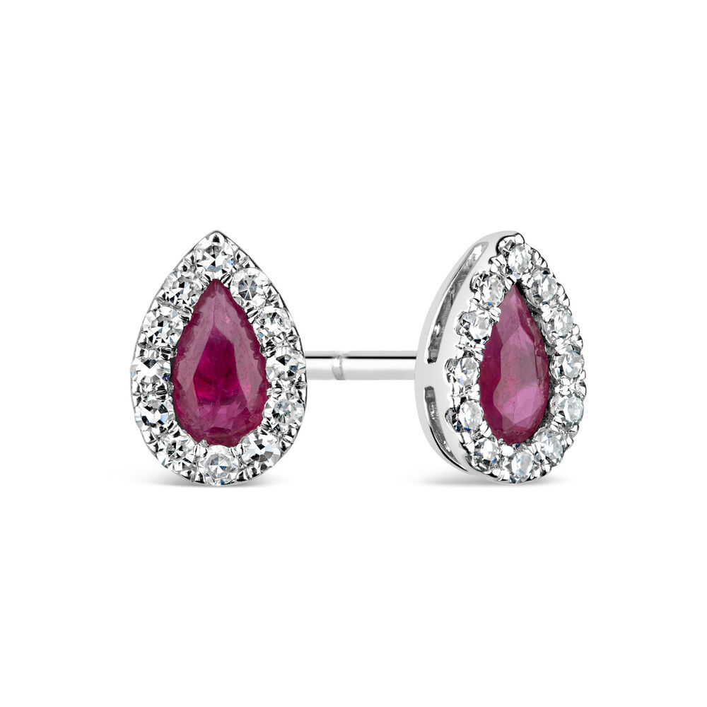 9ct White Gold 0.15ct Diamond and Ruby Pear Stud Earrings image number 1