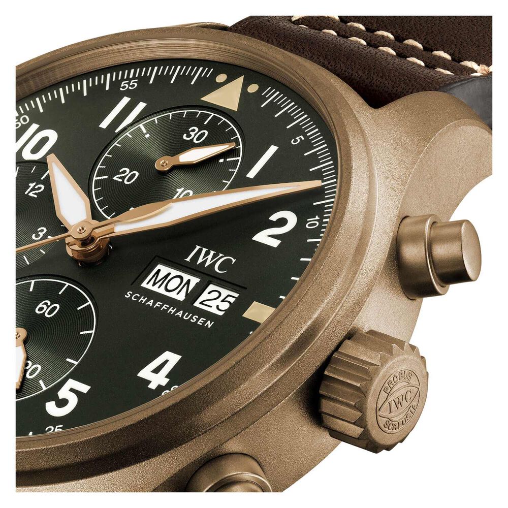 Pre-Owned IWC Schaffhausen Pilot's Watch Chronograph Spitfire Green Dial Brown Strap Watch image number 5