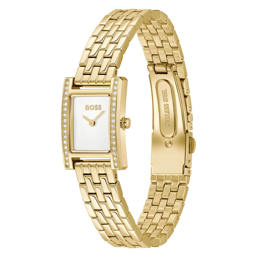 BOSS Lucy Precious 18x28mm Rectangular Silver Dial Crystal Bezel Gold Tone Steel Bracelet Watch image number 2