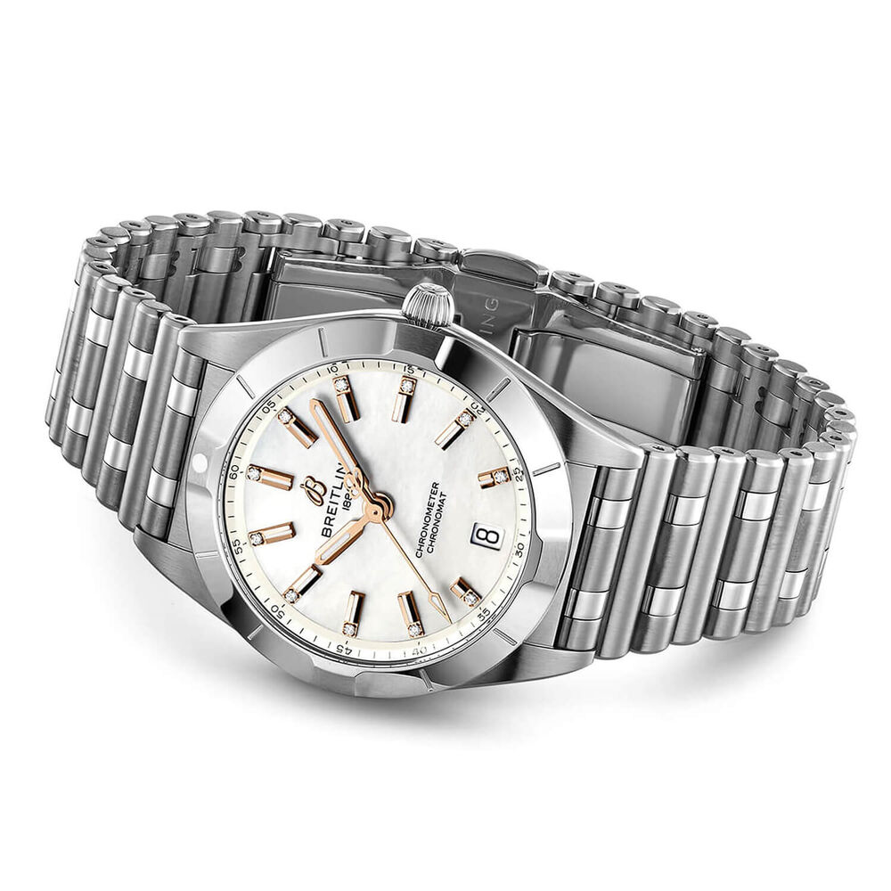 Breitling Chronomat 32mm Quartz Pearlised Dial Rose Gold Index Steel Case Watch image number 2