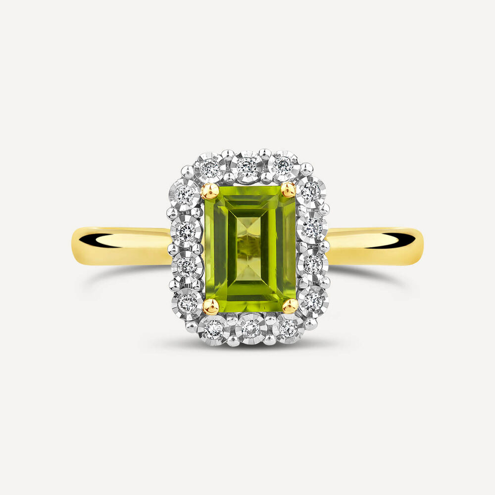 9ct Yellow Gold Rectangular Peridot 0.06ct Halo Diamond Ring