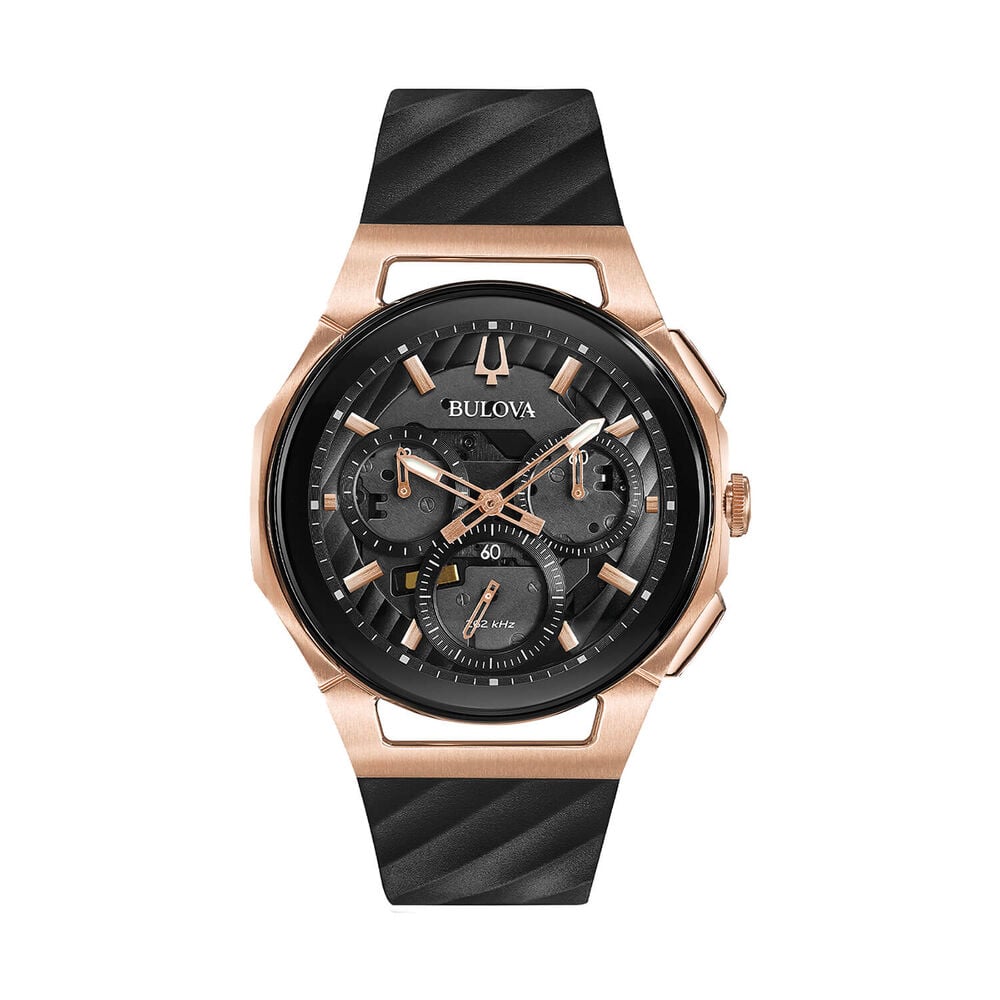 Bulova CURV 44mm Black Dial Rose Gold Tone Steel Case Rubber Strap Watch image number 0