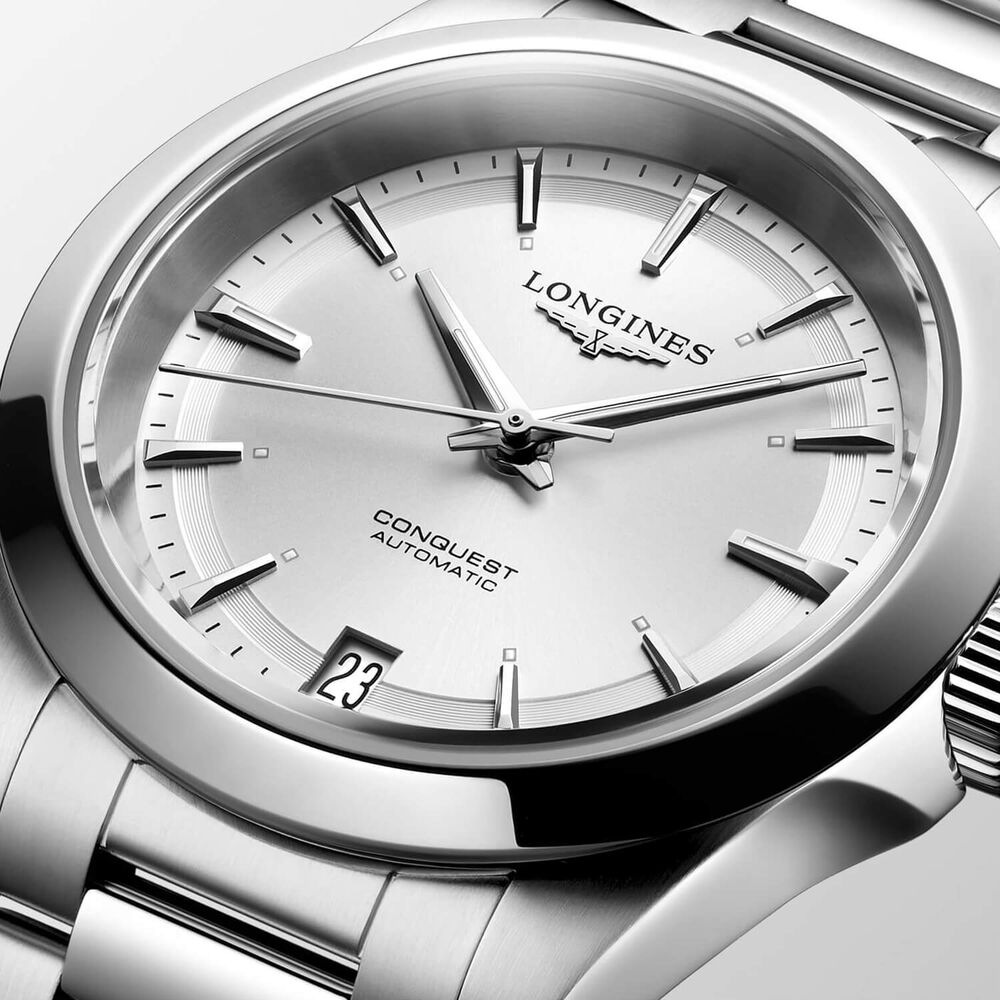 Longines Conquest 34mm Silver Sunray Dial Steel Bracelet Watch