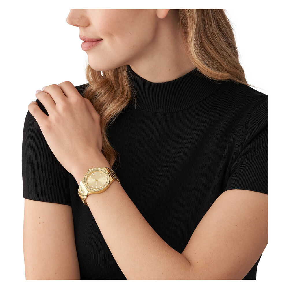 Michael Kors Harlowe 38mm Beige Crystal Dial & Bezel Bracelet Watch image number 3