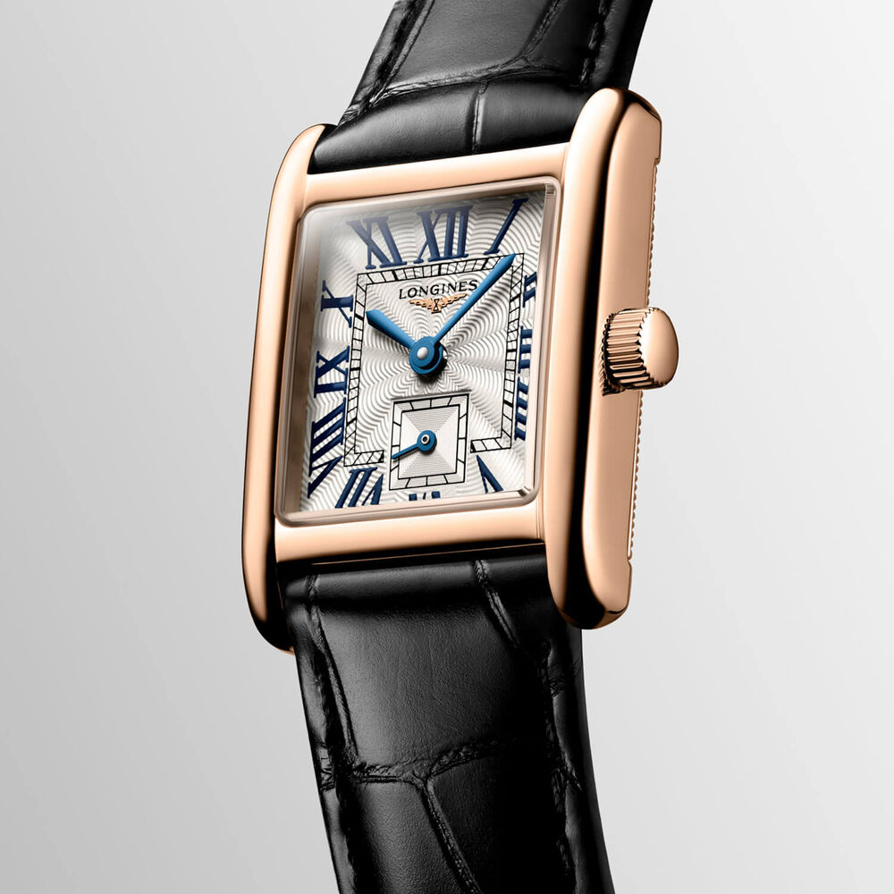 Longines MiniDolcevita 21.5x29mm Silver Dial 18k Pink Gold Case Black Leather Strap Watch image number 3
