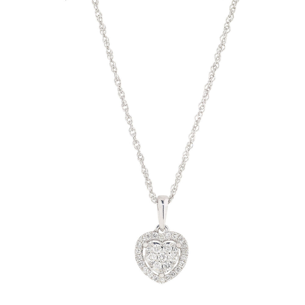 9ct white gold 0.22 carat diamond halo heart pendant image number 0