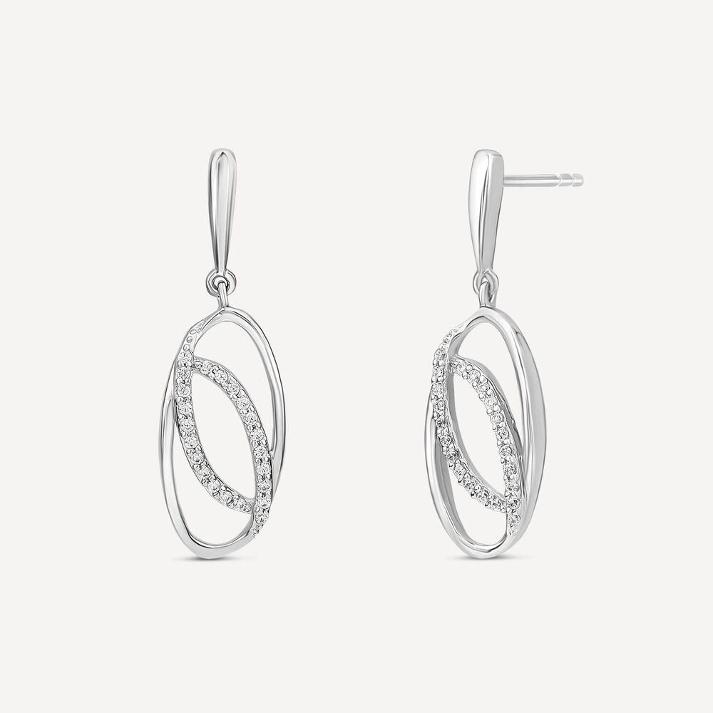 9ct White Gold 0.12ct Diamond Set Double Oval Drop Earrings image number 1