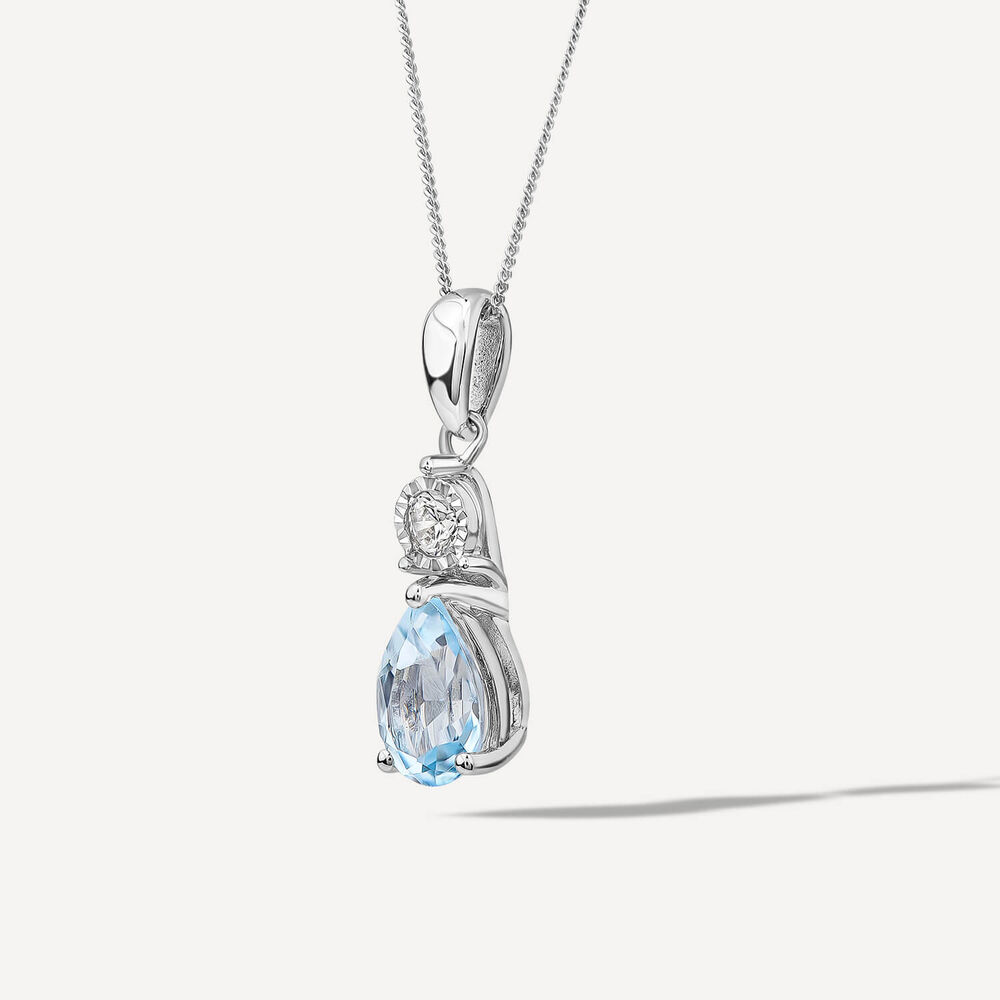 9ct White Gold Blue Topaz & Pear Diamond Pendant image number 1