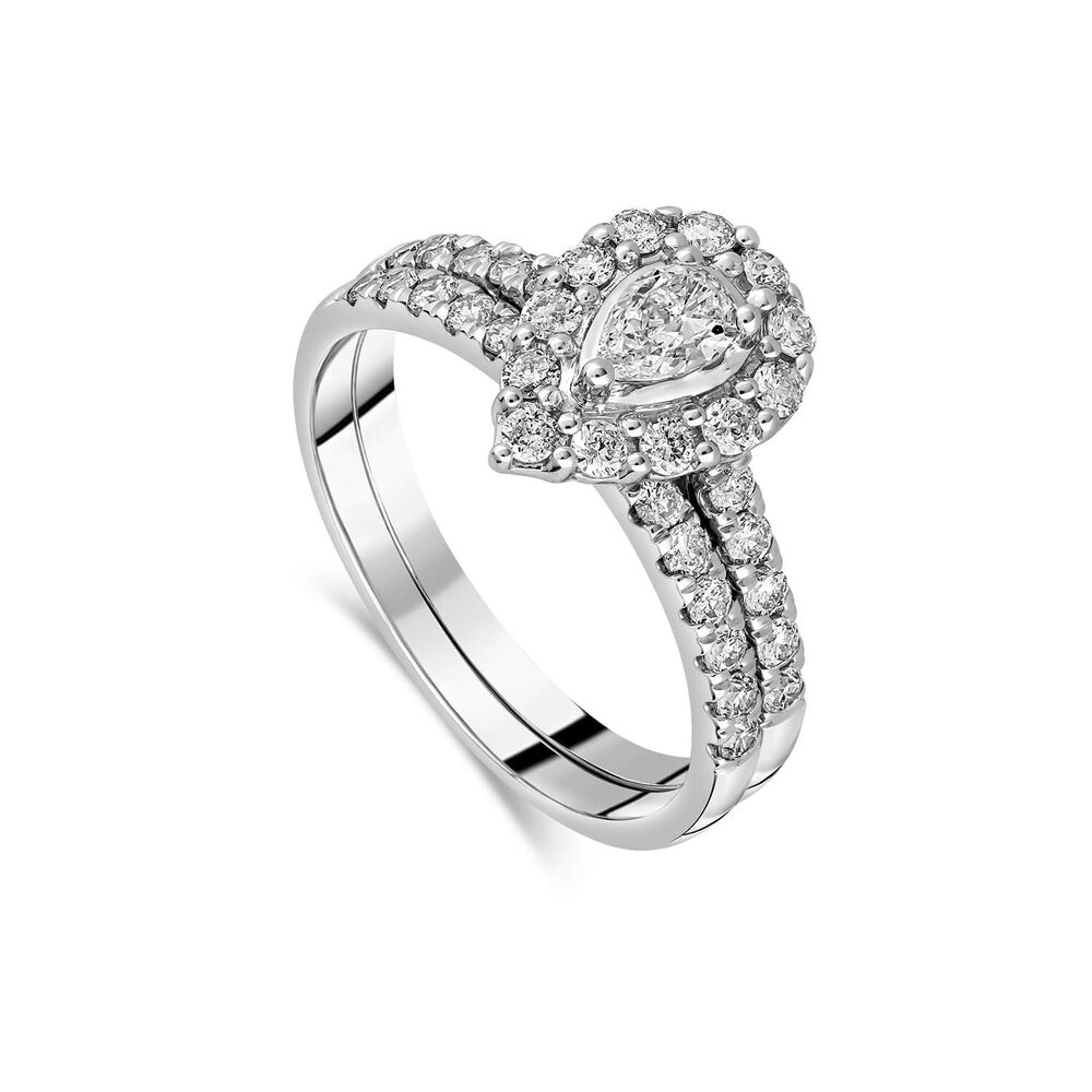 18ct White Gold With 1 Carat Pear Shaped Diamond Halo Cluster Bridal Ring