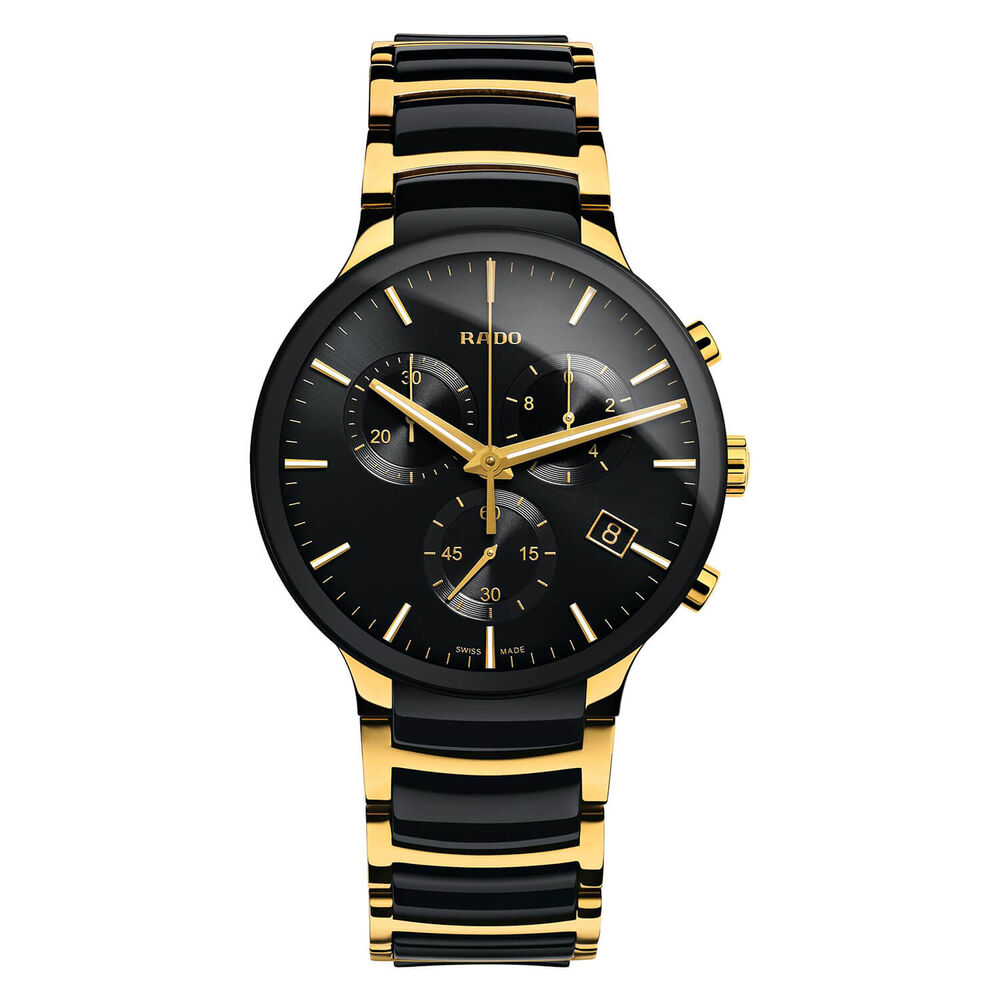 Rado Centrix XL Black Ceramic Yellow PVD Case Bracelet Watch