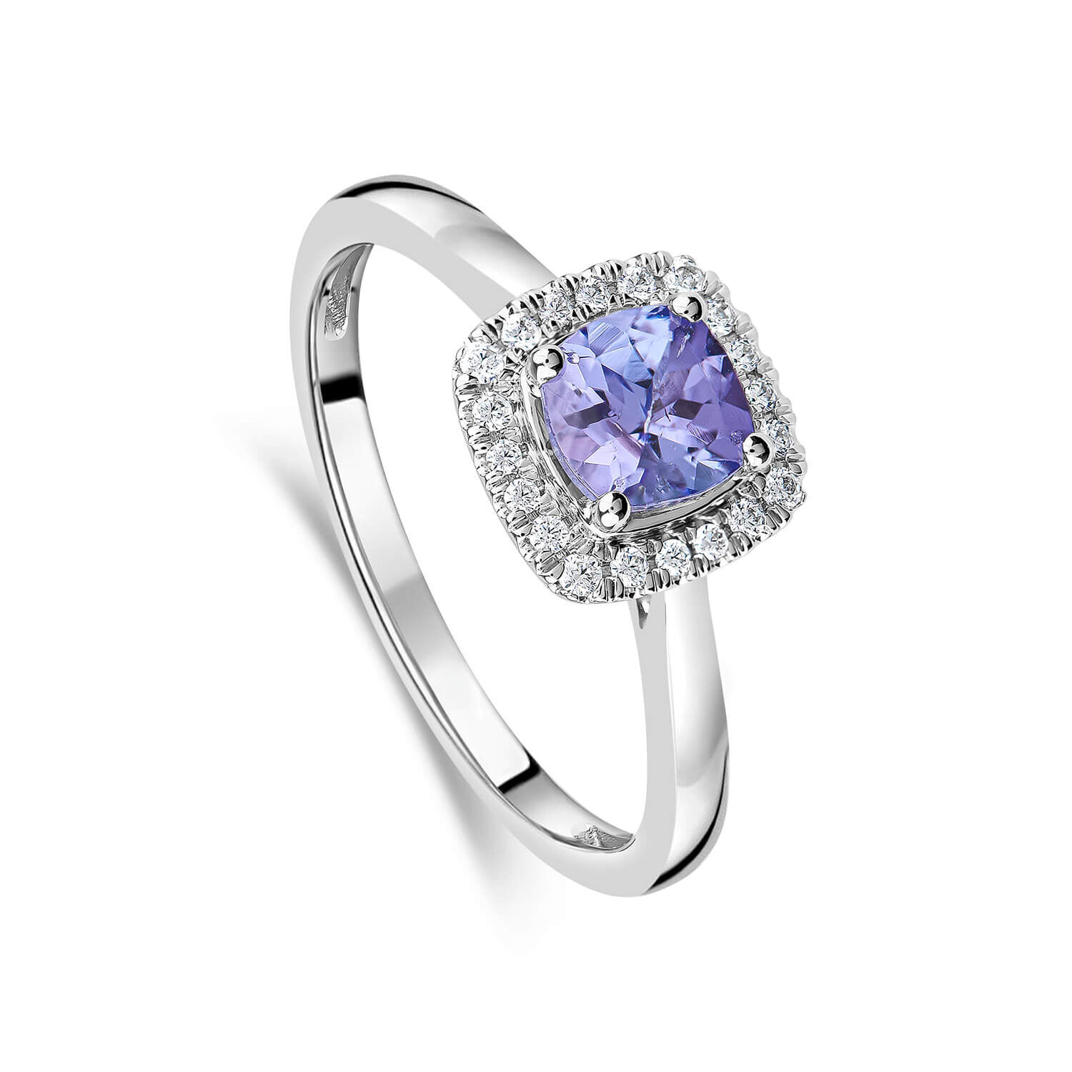 9ct White Gold Square Tanzanite 0.10ct Diamond Halo Ring