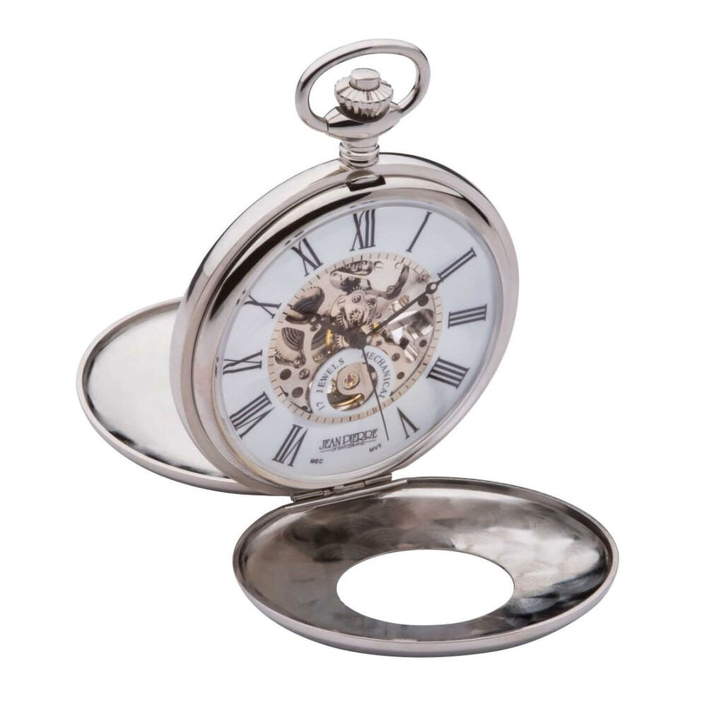 Jean Pierre Polished Chrome Mechanical Double Half Hunter Heartbeat Window Pocket Watch