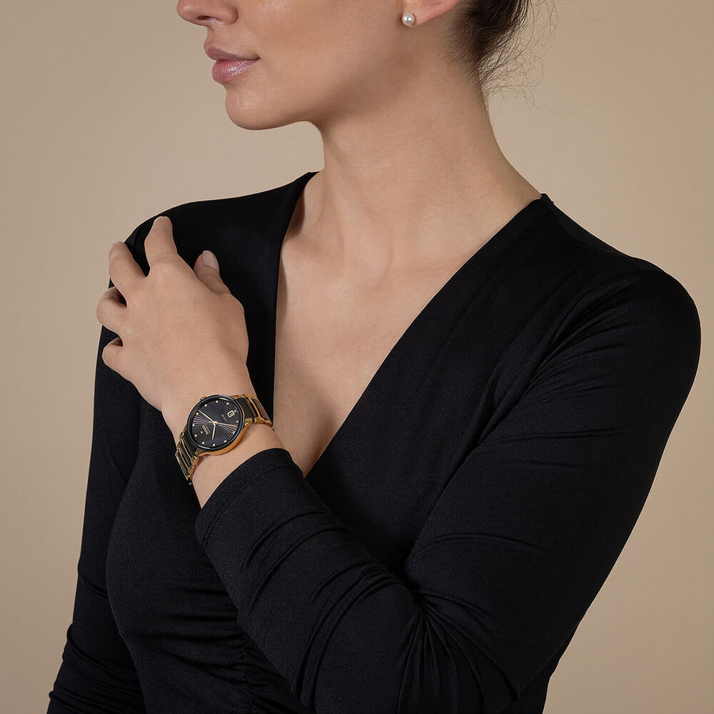 Rado Automatic Diamonds 35mm Black Dial Ceramic & Gold PVD Steel Bracelet Watch image number 5