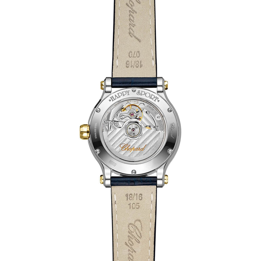 Chopard Happy Sport 36mm Silver Dial 0.35ct Diamonds 18ct Gold Case Blue Leather Strap Watch