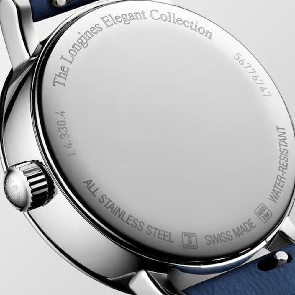 Longines Elegant Moonphase 30mm White Matte Dial Blue Leather Strap Watch