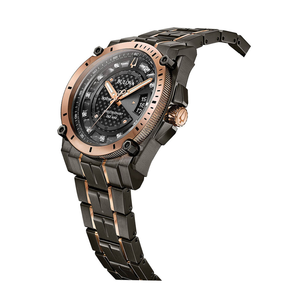 Bulova Icon Precisionist Diamond 46mm Black Dial Rose Gold Toned Bezel Steel Bracelet Watch image number 1