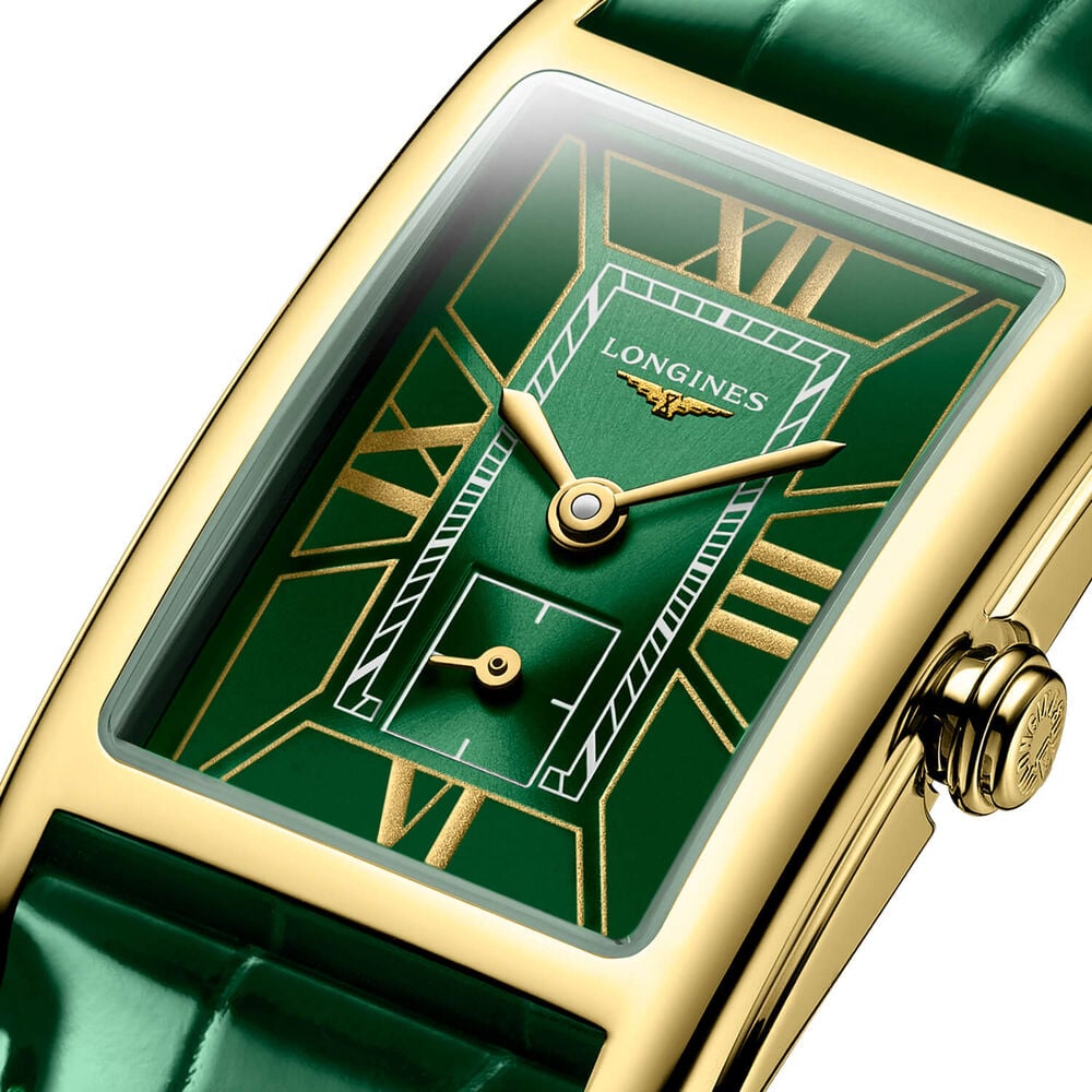 Longines DolceVita 20.50x32mm Green Dial 18ct Yellow Gold Case Alligator Strap Watch image number 1