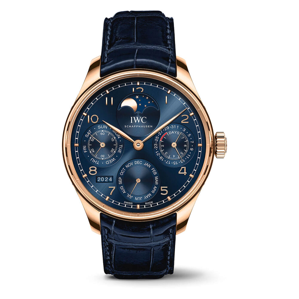 IWC Schaffhausen Portugieser Perpetual Calendar 44mm Blue Dial Leather Strap Watch