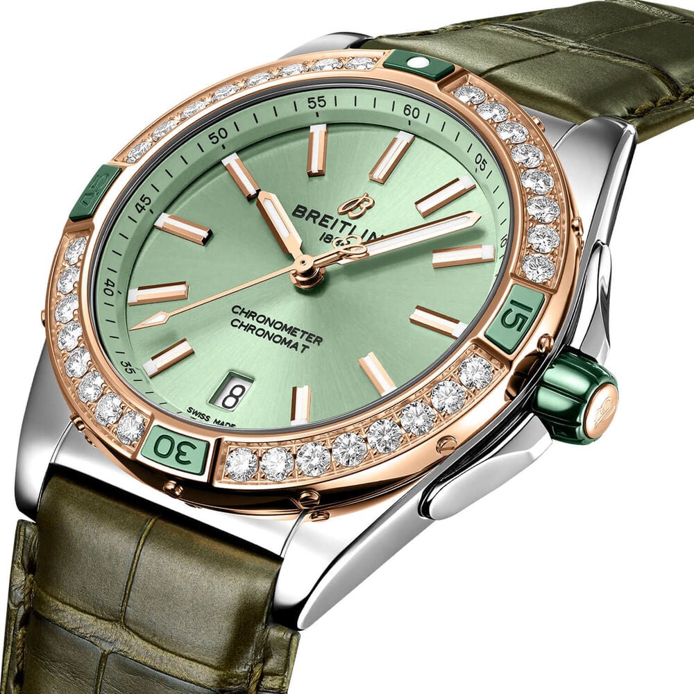 Breitling Super Chronomat Automatic 38 Green Dial Leather Strap Watch image number 1