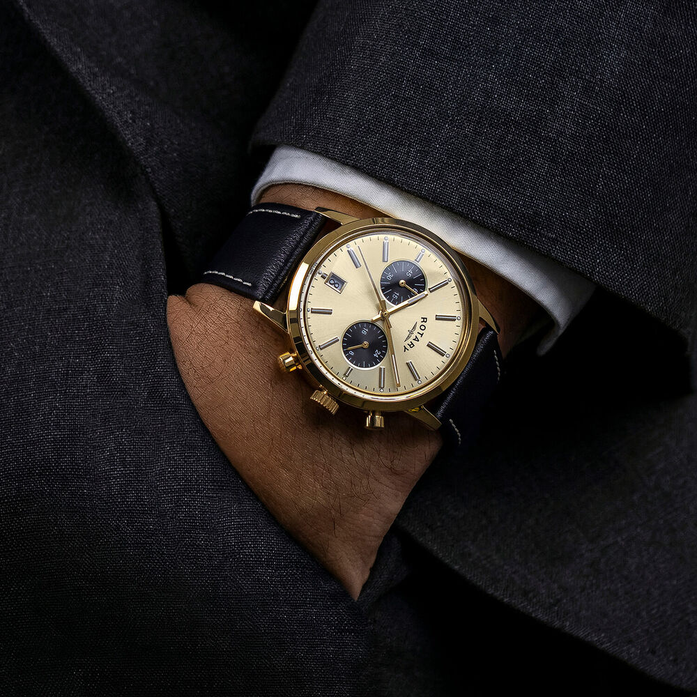 Rotary 1895 Chronograph 38mm Champagne Dial Black Leather Strap Watch